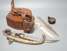 An Eastern dagger, in sheath, leather collars box, cased early 20th century Dollond compass and