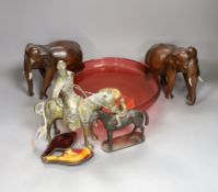 A cased Meerschaum pipe, a bronze group of a jockey on a horse,a ruby glass and gilt metal mounted