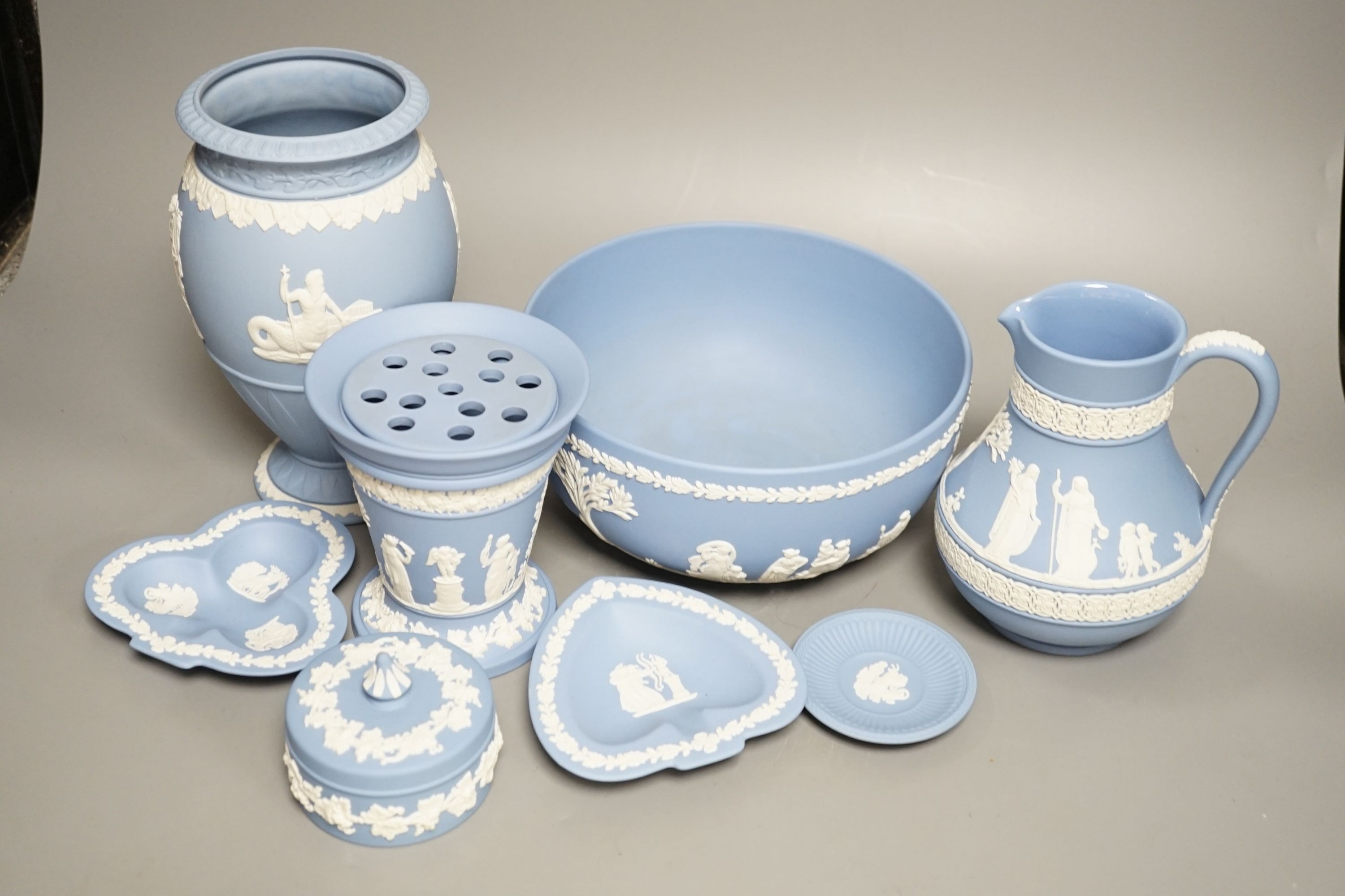 Eight items of Wedgwood Blue Jasperware, tallest 20cm. - Image 2 of 5