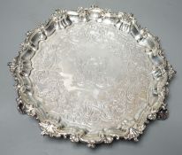 A George II silver salver, Hugh Mills, London, 1748, with later engraved decoration, 28.6cm, 25.5 oz