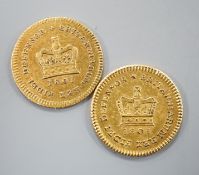 Two George gold third guinea coins, 1801 & 1804.