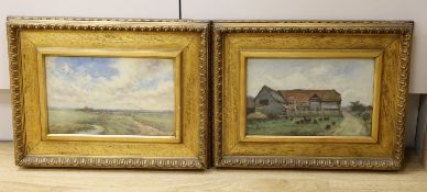 Early 20th Century English School, pair of watercolours, Chickens beside a barn and Cattle in an