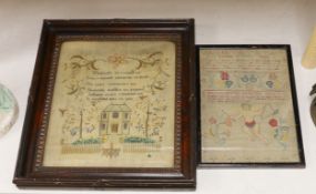 A George III finely embroidered Lords Prayer with angelic figure, flowers and text, 31 x 22cm,