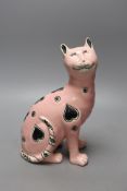 A Galle style pink glazed pottery model of a cat, early 20th century, impressed number 1896 to base,