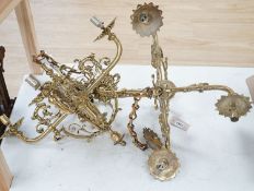 A pair of brass four light ceiling fittings, 41cm high