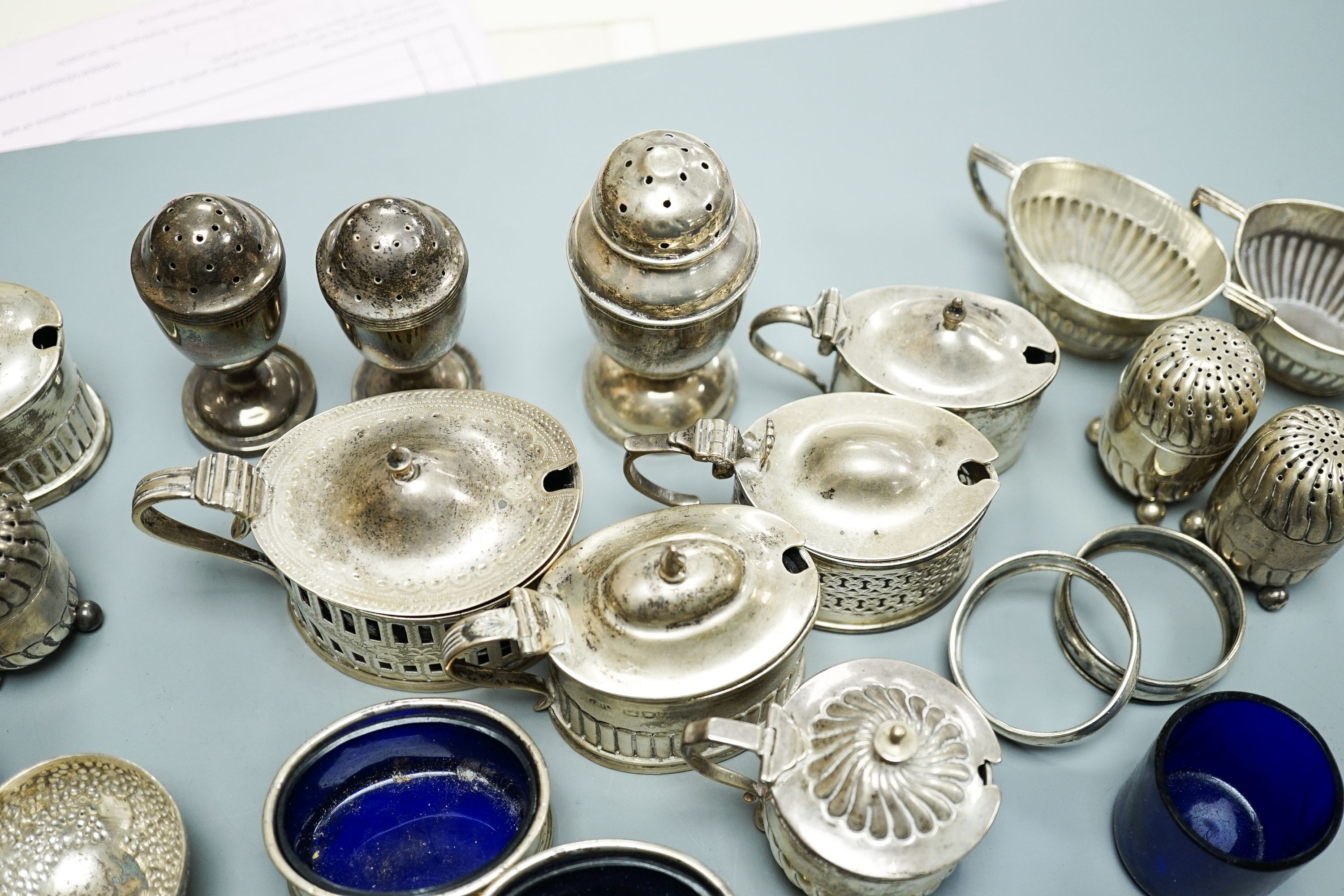 A mixed group of assorted mainly early 20th century silver condiments, including mustard pots, salts - Image 3 of 5