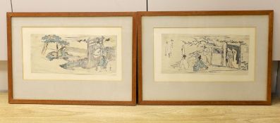 Utamaro II (fl.1804-1818) two woodblock prints, Yoshitsune serenading Joruri Kime and Genji visiting