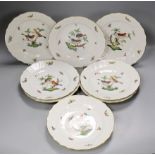 Eight Herend Rothschild bird hand painted dessert plates, 23 cms diameter.