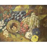 Circle of Oliver Clare (1853-1927), oil on canvas, Still life of flowers, fruit and a birds nest, 25