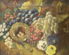 Circle of Oliver Clare (1853-1927), oil on canvas, Still life of flowers, fruit and a birds nest, 25