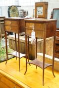 A pair of Sheraton revival inlaid mahogany two drawer bedside tables, width 30cm, height 67cm