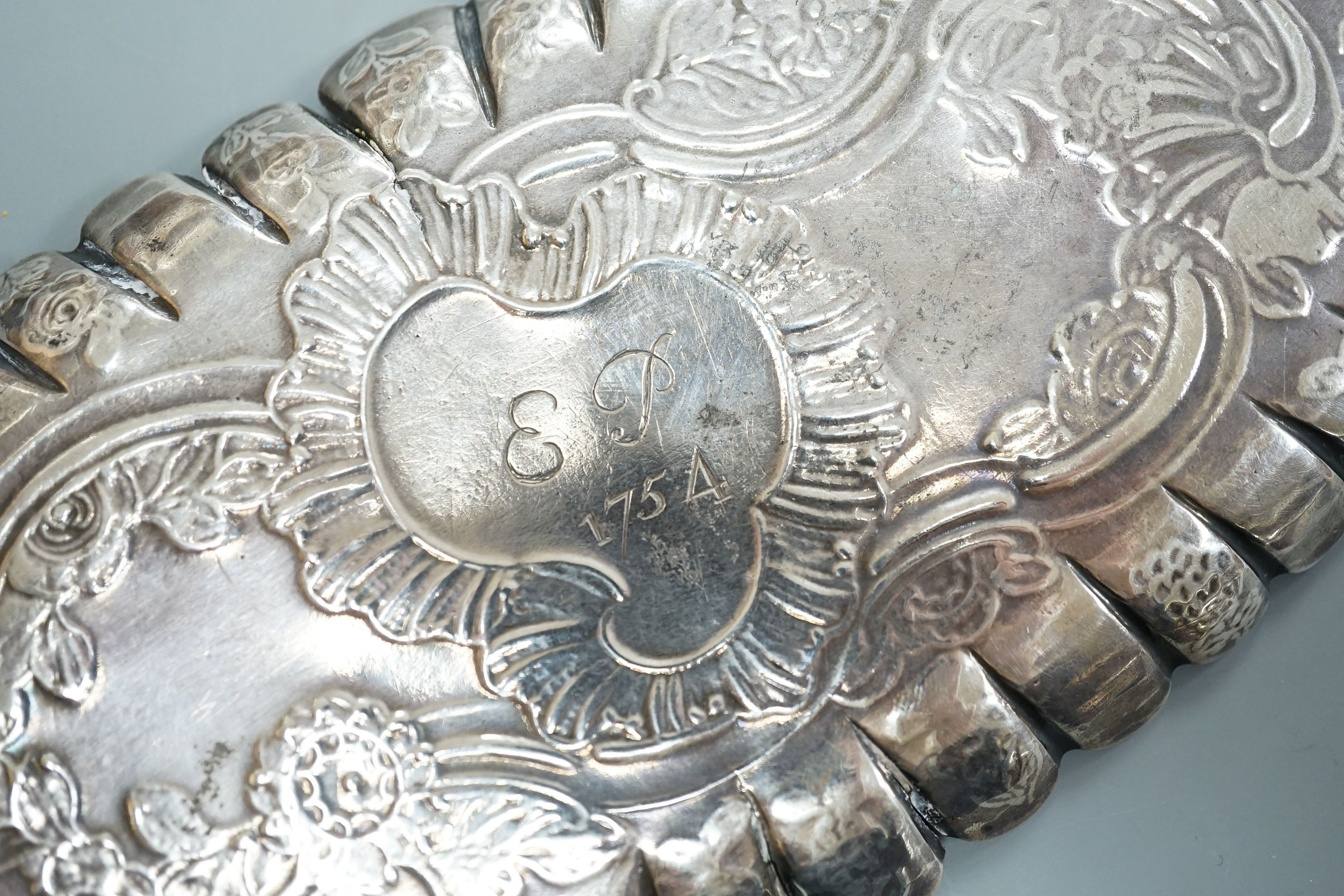 A mid 18th century Irish embossed silver oval pin tray, with engraved date and initials, maker - Image 4 of 4