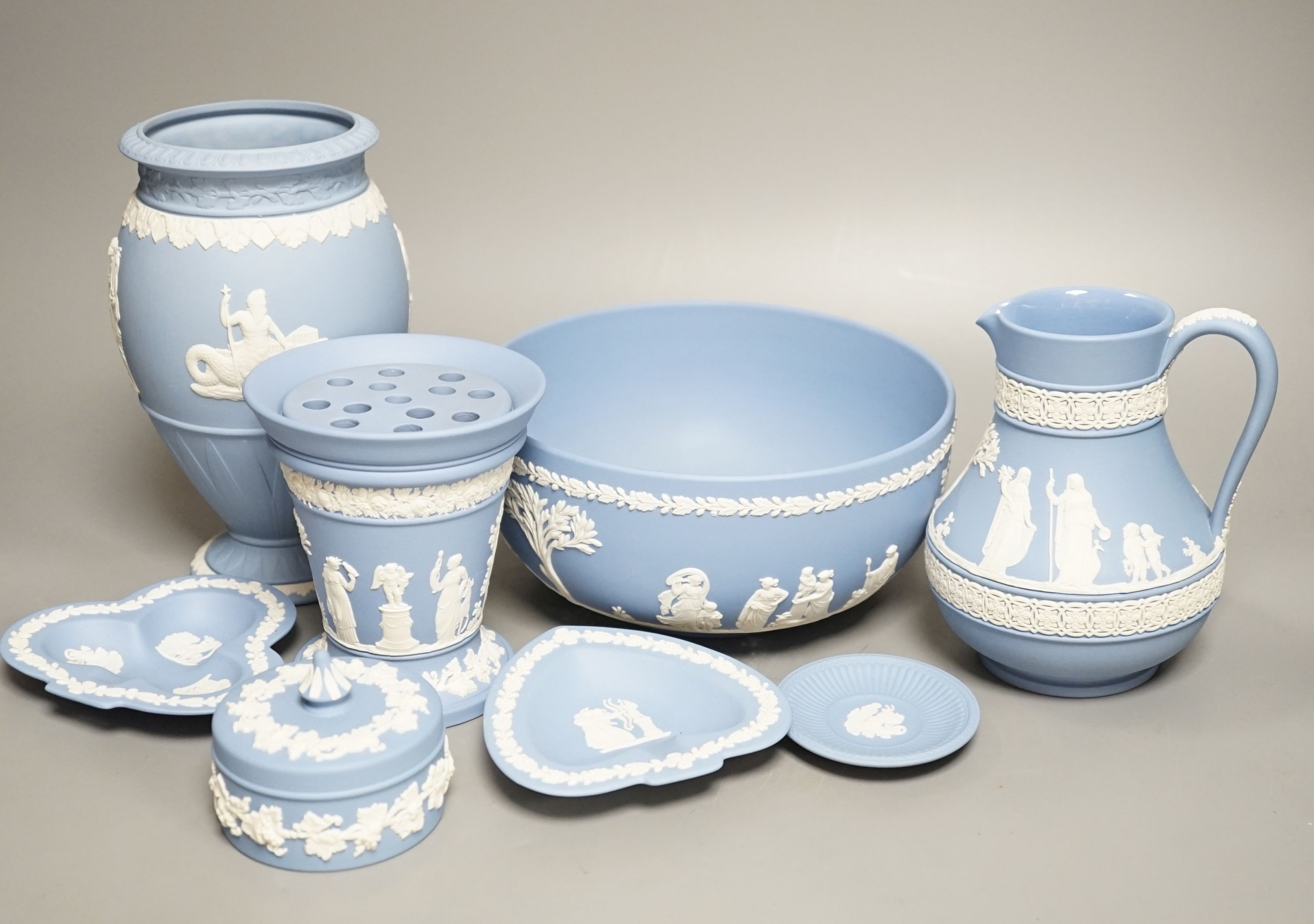 Eight items of Wedgwood Blue Jasperware, tallest 20cm.