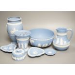 Eight items of Wedgwood Blue Jasperware, tallest 20cm.