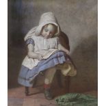 Frank Nowlan R.A (1835-1910) - watercolour, Interior with seated infant girl reading, signed, 24 x