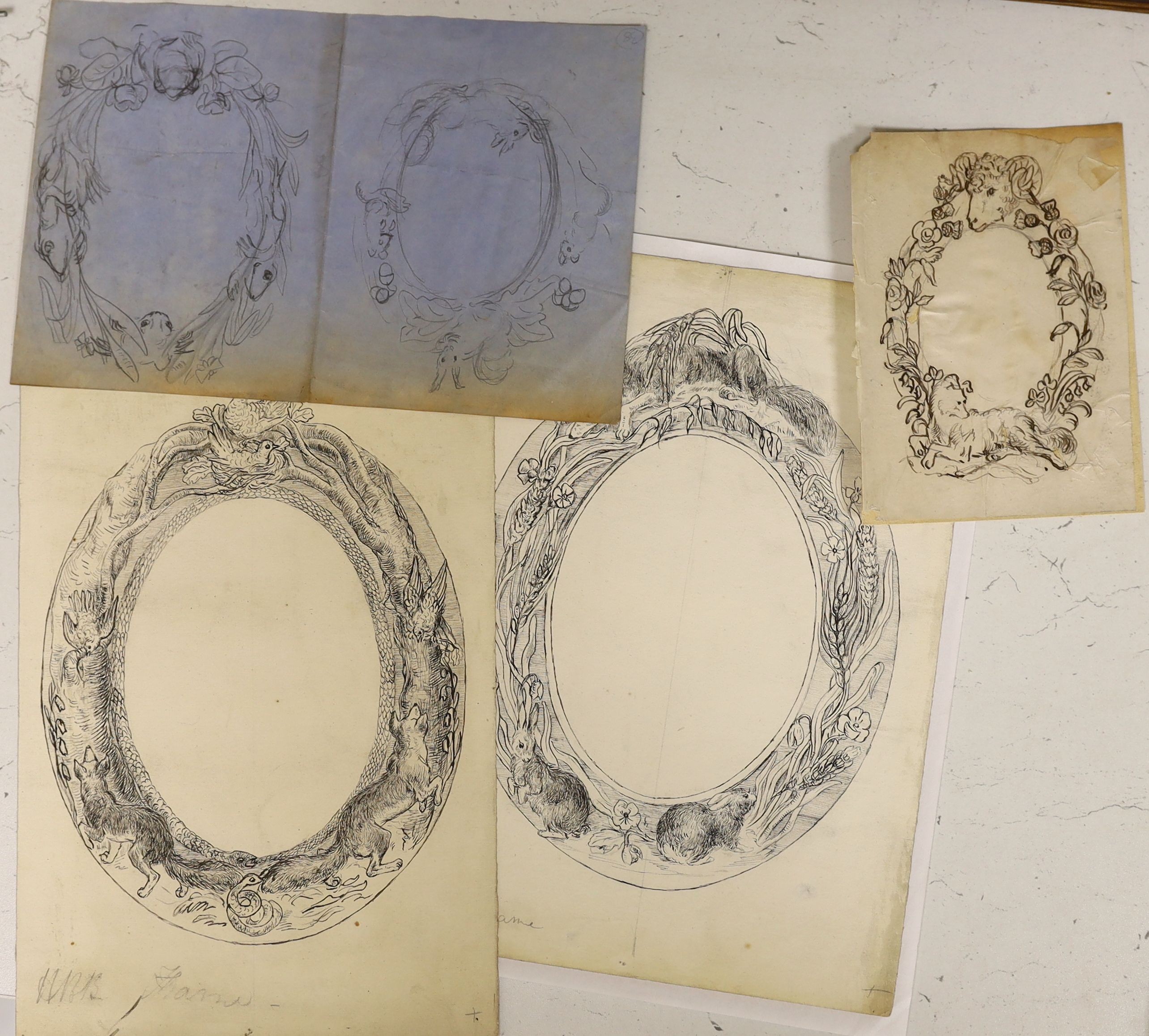 Hannah Barlow (1851-1916) - five ink and pencil drawings, Designs for mirror frames, 28 x 20cm and