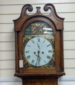An early 19th century oak 8 day longcase clock, the dial painted with figures representing the