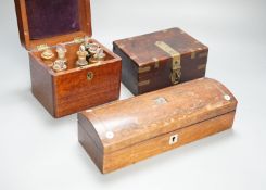 A Victorian mahogany medicine case, with bottles, 13cm. wide, a brass-mounted box and a rosewood