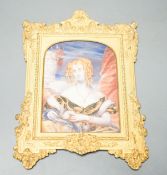 19th century ormolu framed portrait miniature on ivory of a young lady with auburn hair. Length of