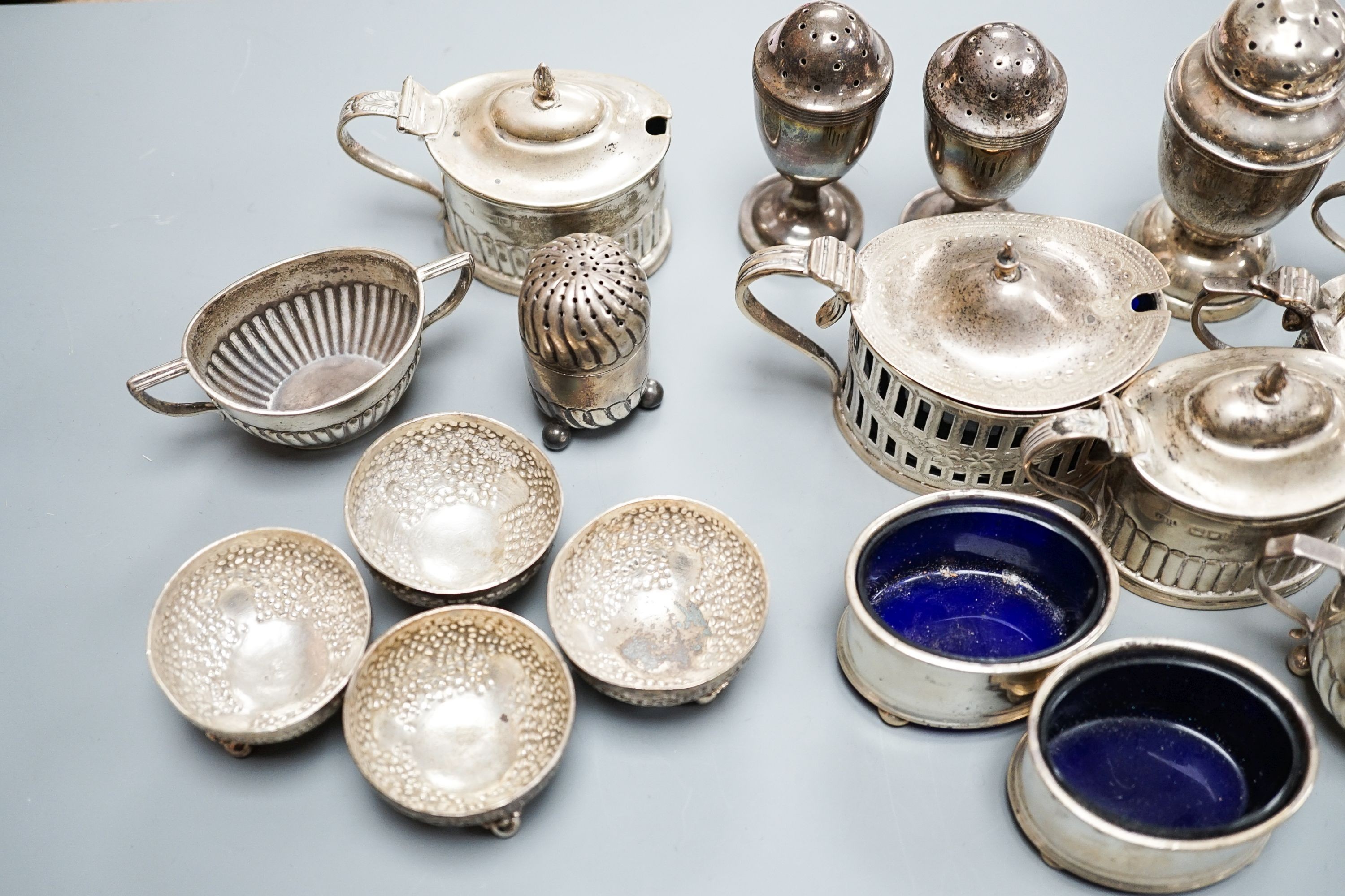 A mixed group of assorted mainly early 20th century silver condiments, including mustard pots, salts - Image 2 of 5