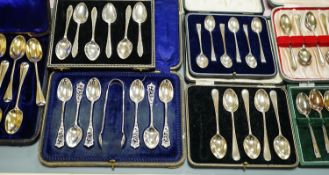 Seven assorted cased sets of English silver tea and coffee spoons, including a set of twelve