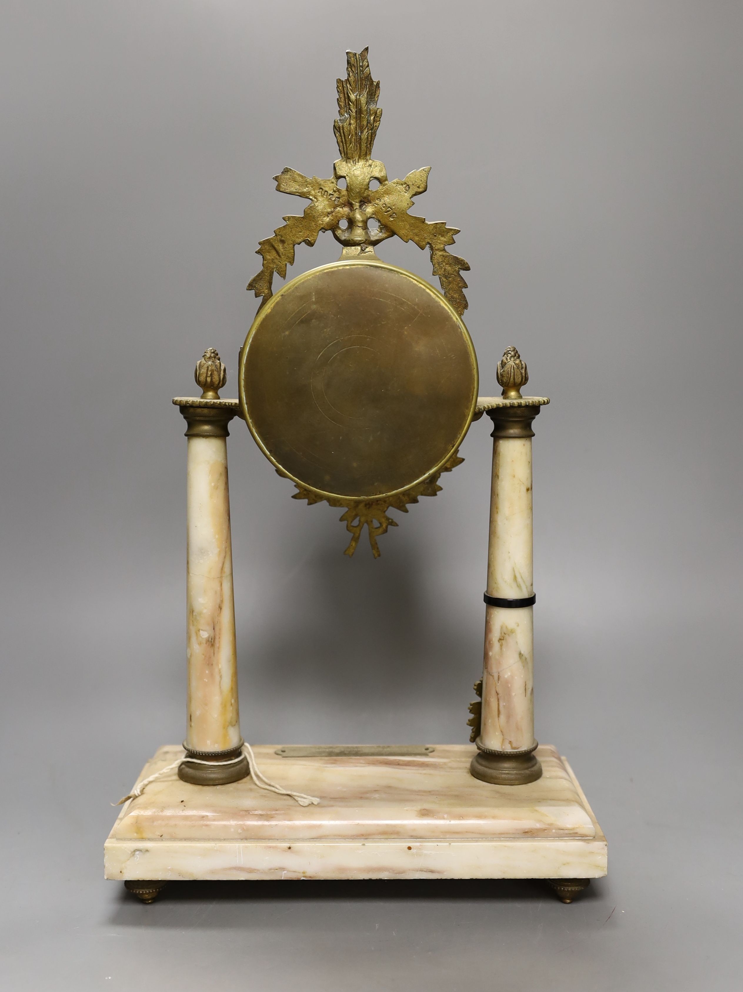 A French three-piece marble and gilt metal clock garniture, pendulum, no winder. 42cm - Image 2 of 3