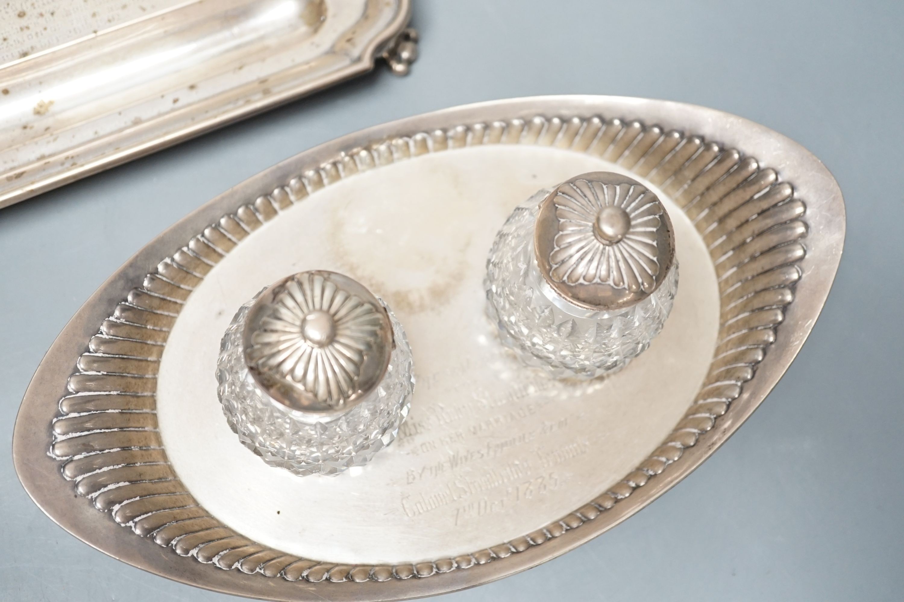 A presentation silver oval inkstand, with two mounted glass wells, William & John Barnard, London, - Image 6 of 6