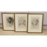 Marjorie M Sankey, three pencil and coloured chalk portraits of women, inscribed verso, largest 27 x