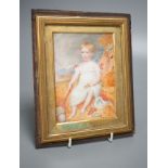 A 19th century portrait miniature on ivory of an infant, with racket and ball, 10 cms wide x 14