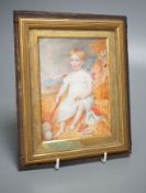 A 19th century portrait miniature on ivory of an infant, with racket and ball, 10 cms wide x 14