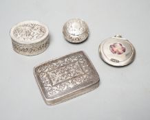 A selection of three small silver or white metal boxes to include a tortoiseshell pique box and a