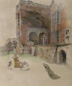 Cecil Aldin, colour print, Child and dogs beside a 17th century house, signed in pencil, 45 x