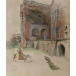 Cecil Aldin, colour print, Child and dogs beside a 17th century house, signed in pencil, 45 x