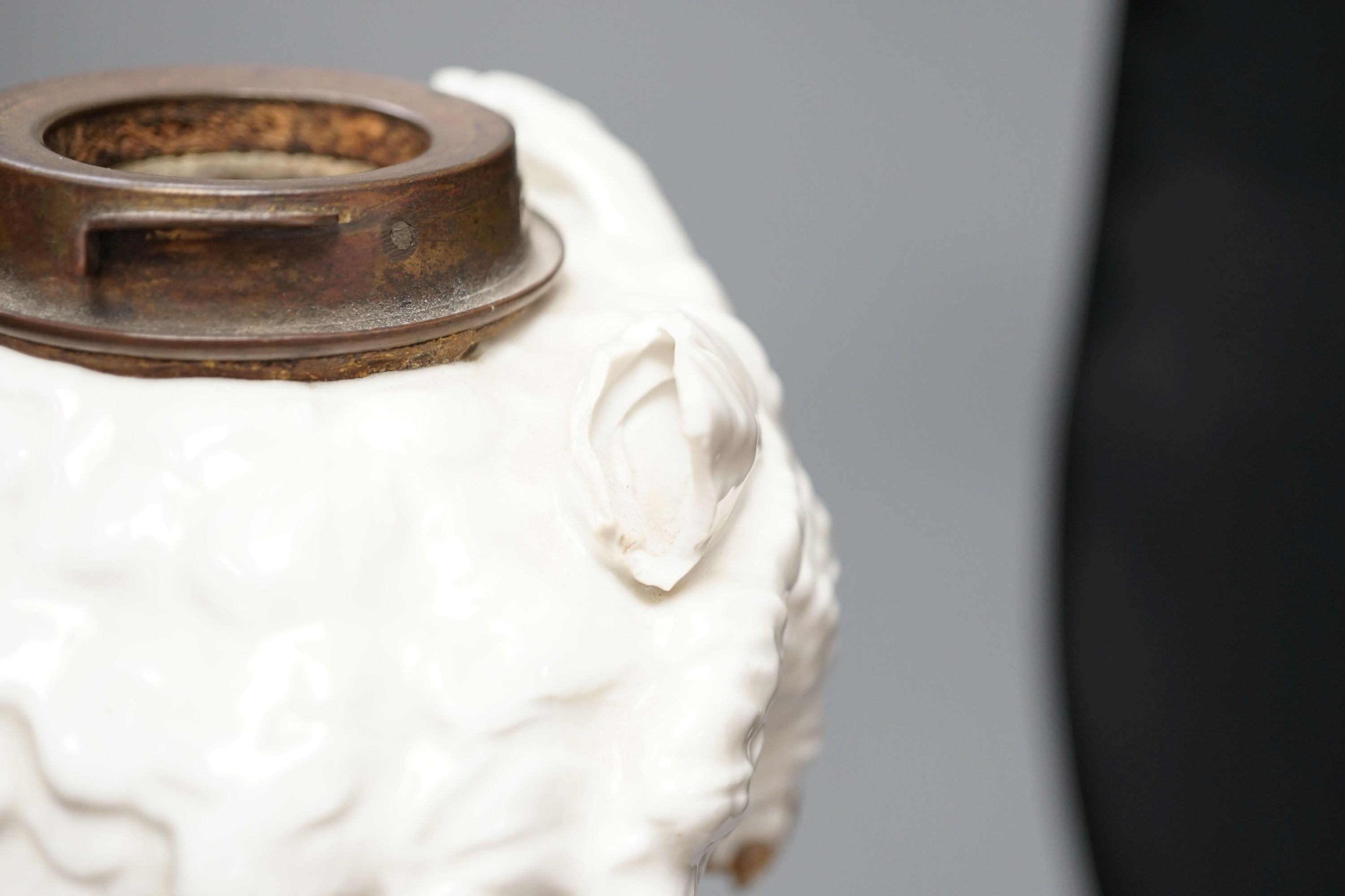 A large late 19th century ‘owl’ porcelain oil lamp base, with Victorian lozenge registration mark to - Image 6 of 8