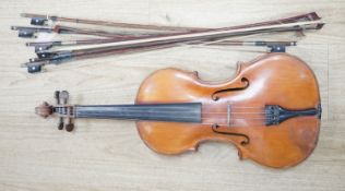 A Viola, assorted bows and a violin back