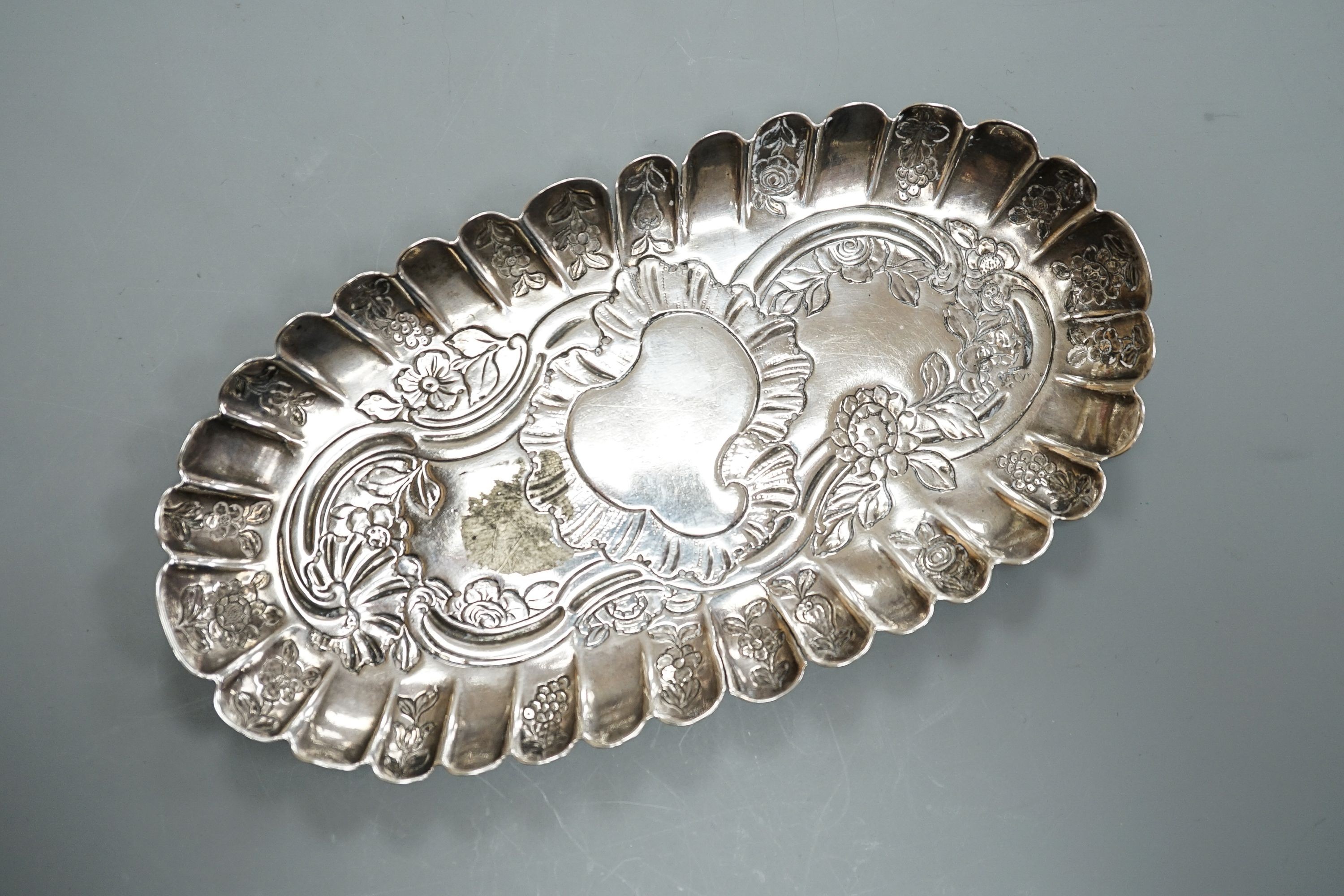 A mid 18th century Irish embossed silver oval pin tray, with engraved date and initials, maker - Image 2 of 4