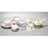 Three Chinese export famille rose tea bowls and two saucers, three Staffordshire porcelain cottage
