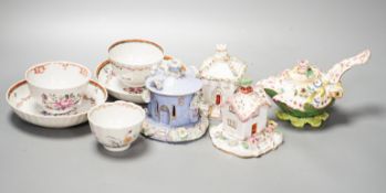 Three Chinese export famille rose tea bowls and two saucers, three Staffordshire porcelain cottage