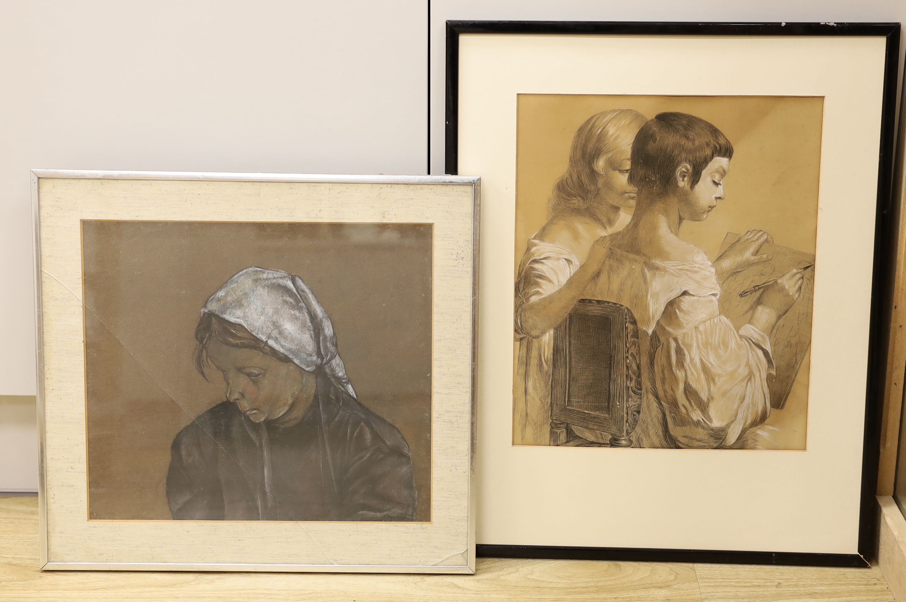 Continental School, pastel on brown paper, Study of a woman wearing a head scarf, 33 x 37cm and a