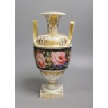 A Derby vase painted with flowers on a dark grey ground, painted by William 'Quaker' Pegg, red
