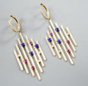 A pair of modern 585 yellow metal, ruby, lapis lazuli and diamond set Dynasty earrings, overall