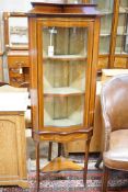 An Edwardian satinwood banded and inlaid mahogany standing corner display cabinet, serpentine