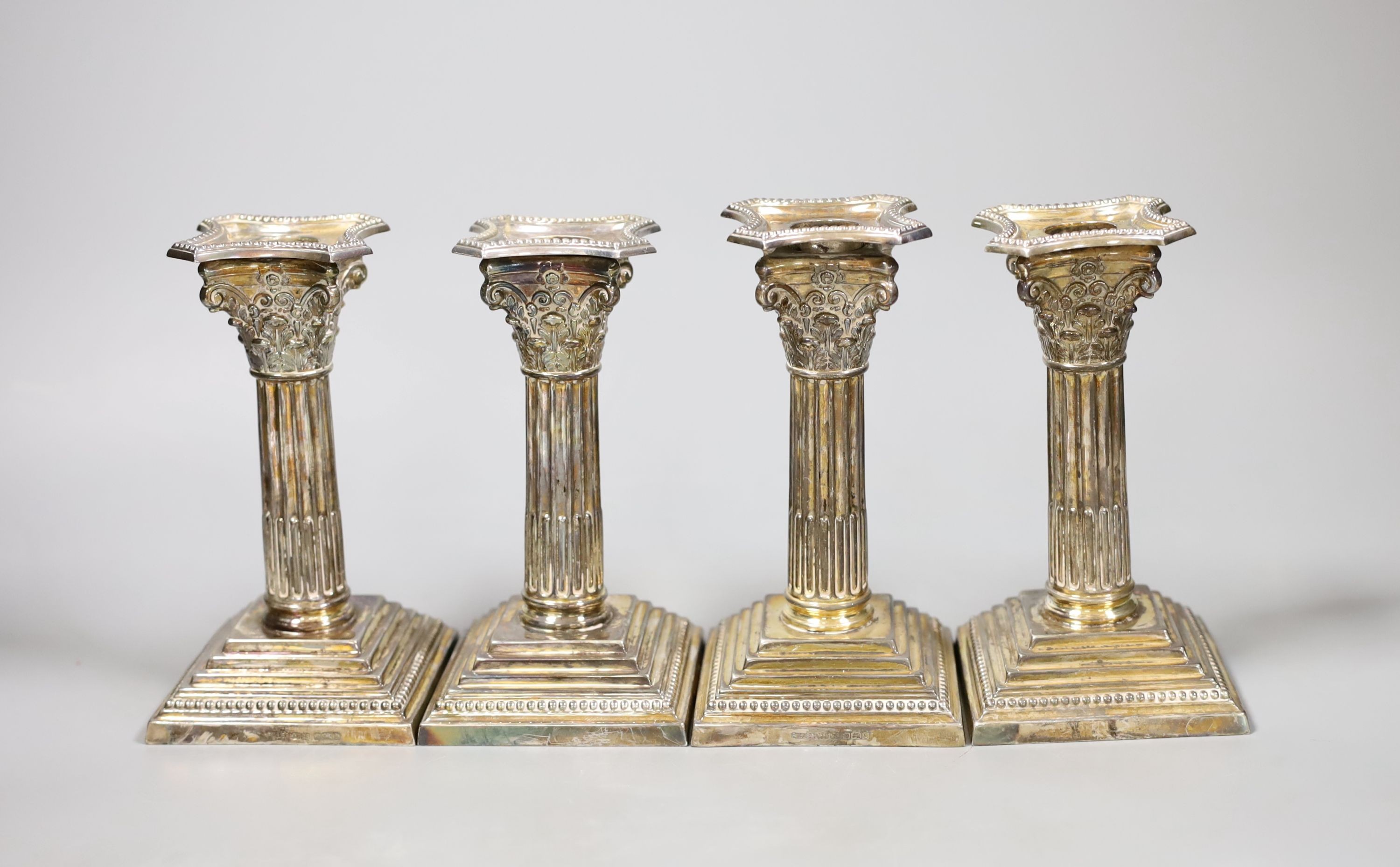 A set of four modern silver Corinthian column dwarf candlesticks, James Dixon & Sons, Sheffield, - Image 2 of 4