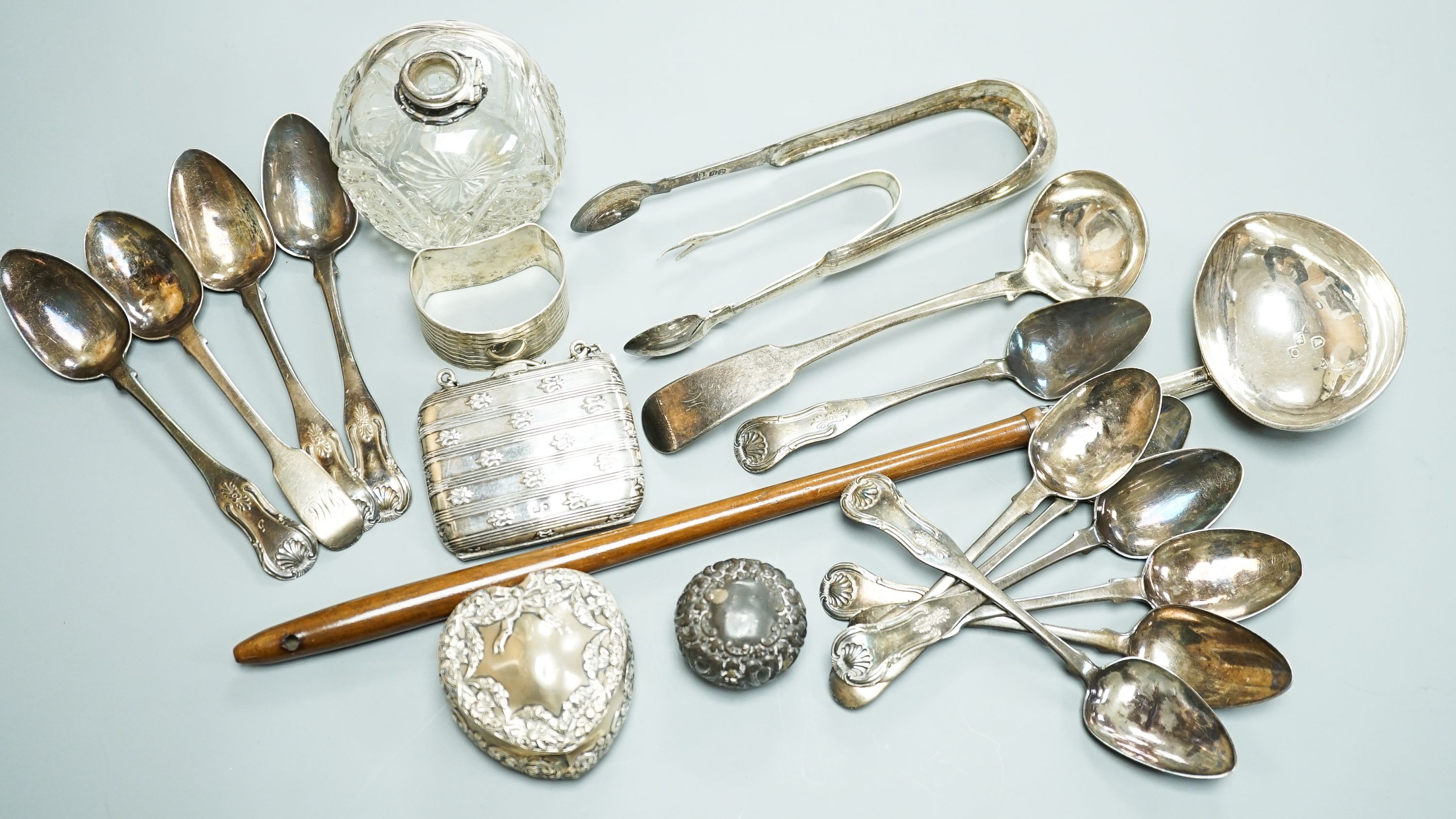 An 18th century silver toddy ladle, with wooden handle(a.f.) and a group of small silver including