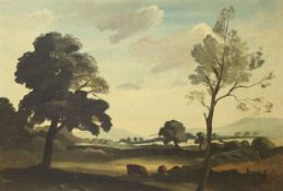 Philip Hugh Padwick (1876-1958), oil on Board, Distant Downs, exhibition label verso, 35 x 50cm