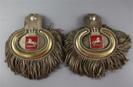 A pair of 19th century Continental silvered brass and silver braid epaulettes, 15.5cm wideeach