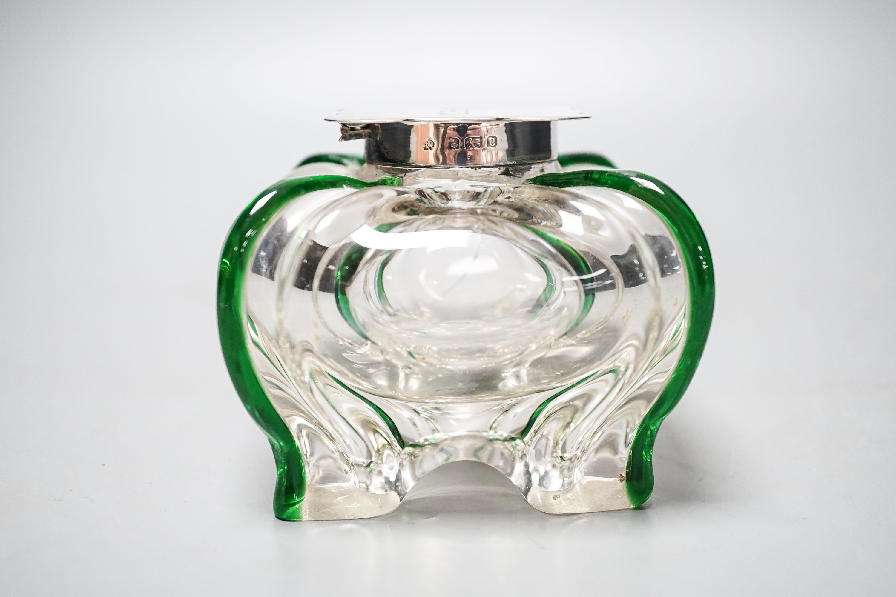 A silver-mounted green trailed glass inkwell, possibly Powell, Whitefriars. The lid initialled ‘G. - Image 3 of 6