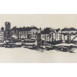 Robert Walls (20th C.), charcoal on paper, Waterside houses, signed and dated 1965, 47 x 73cm