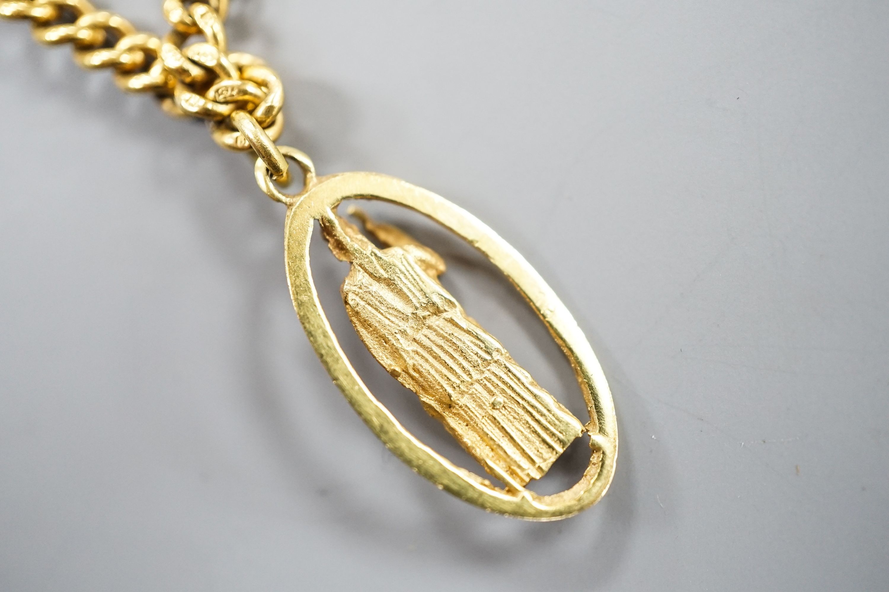 A 9ct curb link chain, 44cm, 15.7 grams, with a yellow metal St. Christopher pendant, engraved '18', - Image 3 of 4