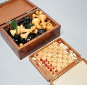 A Staunton chess set, some associate pieces and a miniature chess set. King height - 9cm